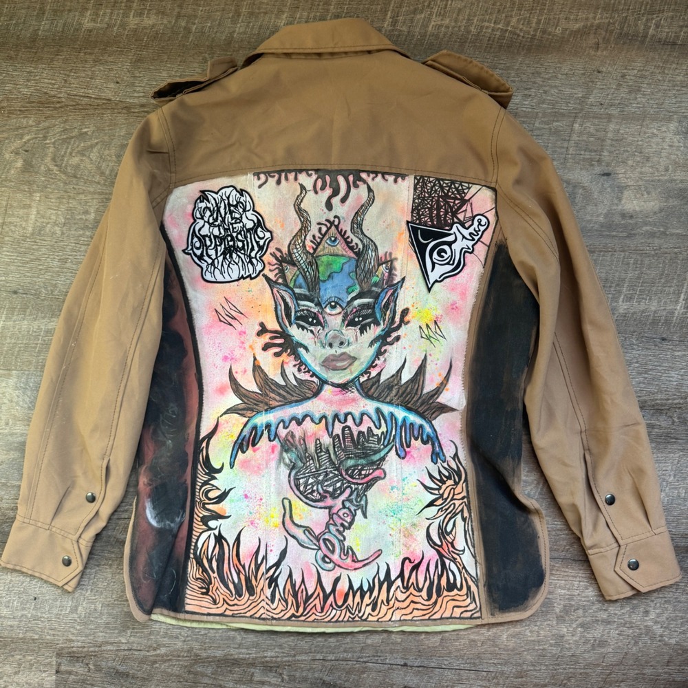 Vintage Le‎ Chevron Custom Hand Painted Safari Jacket Mens 40 Tan Military Art